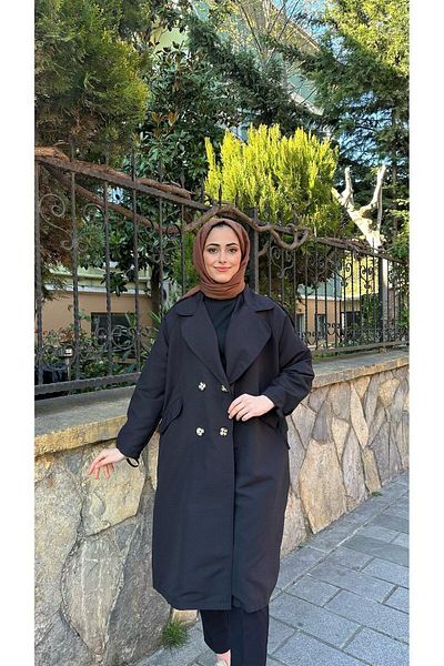 ensade Oversize Gabardine Trench Coat with Gathered Sleeves Black