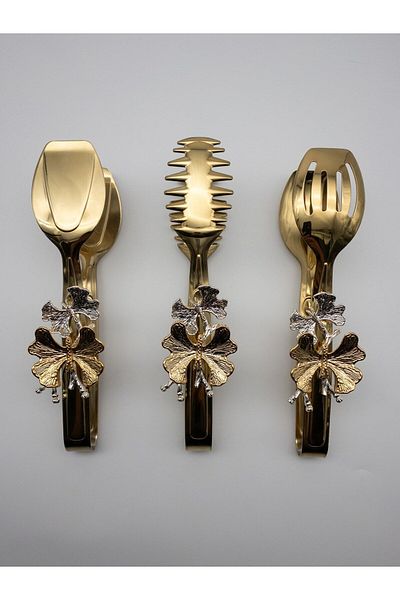Fiyakalı Ürünler Atölyesi Gold Butterfly Patterned Cake - Pasta, Salad and Cake Serving Serving Tongs, Stainless Steel Food Set