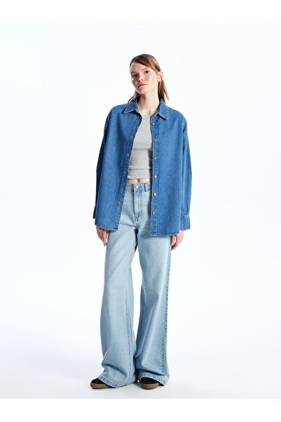 LC Waikiki Düz Uzun Kollu Oversize Kadın Jean Gömlek