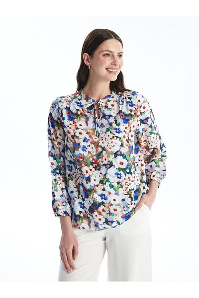 LC Waikiki Γυναικεία μπλούζα με δέσιμο γιακά Floral μακρυμάνικη oversize