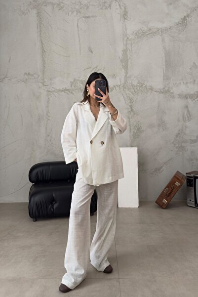 bymaestro woman Premium White Linen Jacket and Trousers Set - Women