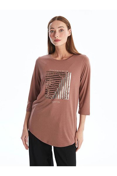 LC Waikiki LCWAIKIKI Damenbluse mit Rundhalsausschnitt, langen Ärmeln und Pailletten