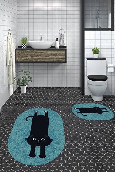 EY HOME Digital Washable Non-Slip Cute Cat Double-Sided Bathroom Rug Mat Oval...