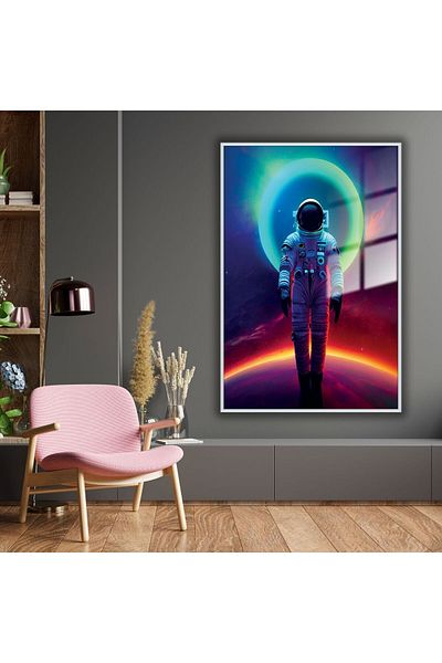 GAAGART Masă din sticlă temperată cu cadru metalic Culoare neon Spațiu și astronaut