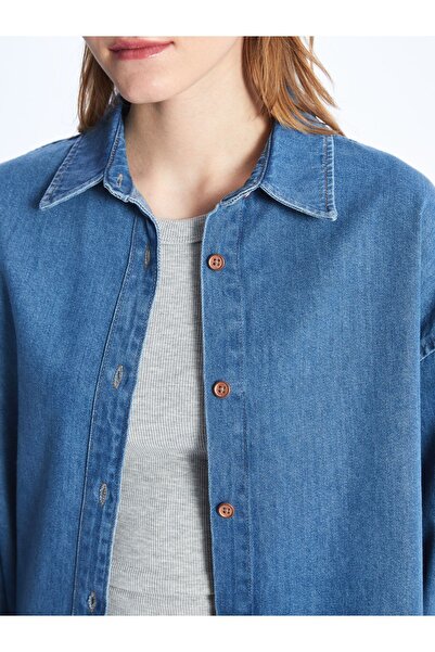 LC Waikiki Düz Uzun Kollu Oversize Kadın Jean Gömlek