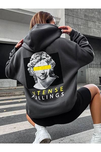 NOFLEN Unisex Intense Feelings εμπριμέ υπερμεγέθη βαμβακερή χειμερινή φούτερ με κουκούλα