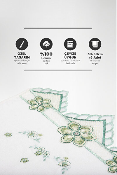 Durul 6'lı Lüks Mutfak Havlusu Seti, %100 Pamuk Kadife, Nakış Işlemeli, 30x50, Güpürlü, Çeyizlik