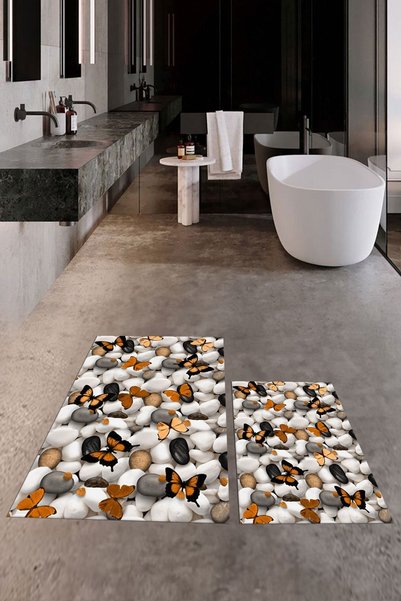 EY HOME 3D Digital Washable Non-Slip Butterfly Pattern Double-Sided Bathroom Carpet Mat Toilet Seat Set