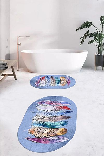 EY HOME Set de toaletă ovală pentru baie, lavabil digital, cu model de frunze etnice, OKLZT-25-BLUE,