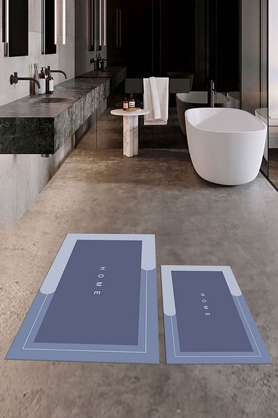 EY HOME Set de scaune de toaletă cu covoraș de baie dublu, lavabil, imprimat digital, KLZT-3-ALBASTRU,