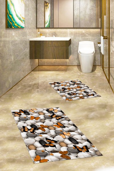 EY HOME 3D Digital Washable Non-Slip Butterfly Pattern Double-Sided Bathroom Carpet Mat Toilet Seat Set