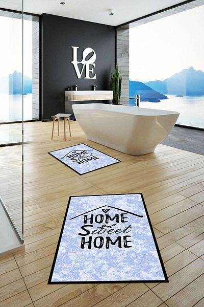EY HOME Set de scaune de toaletă cu covor de baie dublu, lavabil, imprimat, Home Sweet Written, KLOZET-14-ALBASTRU,