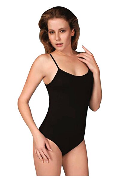 Berrak Women's Black 3 Rope Strap Bodysuit with Snap Fastener