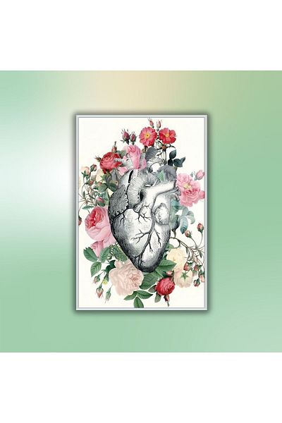 GAAGART Tablou poliklinikă cardiologie din sticlă cu cadru metalic Inimă cu flori