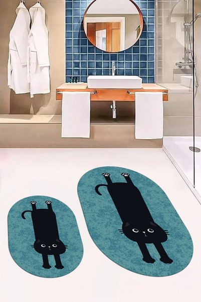 EY HOME Digital Washable Non-Slip Cute Cat Double-Sided Bathroom Rug Mat Oval Toilet Set