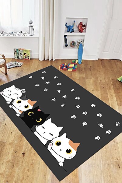 EY HOME Sevimli Kediler Baskılı Yıkanabilir Kaymaz Taban Çocuk Odası Halısı