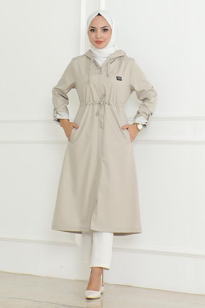 Modamihram Beige Hooded Zippered Trench Coat 19205