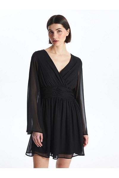 LC Waikiki Double Breasted Collar Solid Long Sleeve Chiffon Women's Dress