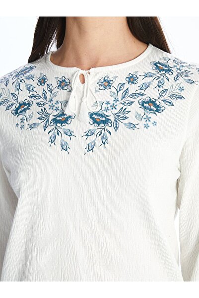 LC Waikiki Bisiklet Yaka Çiçekli Uzun Kollu Kadın Bluz