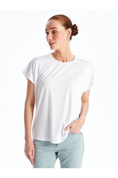 LC Waikiki Γυαλιστερή πέτρα με στάμπα Crew Neck Γυναικεία Μπλούζα - Κοντό μανίκι