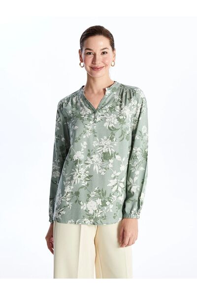 LC Waikiki Gemusterte Damenbluse mit langen Ärmeln und ausgefallenem Kragen