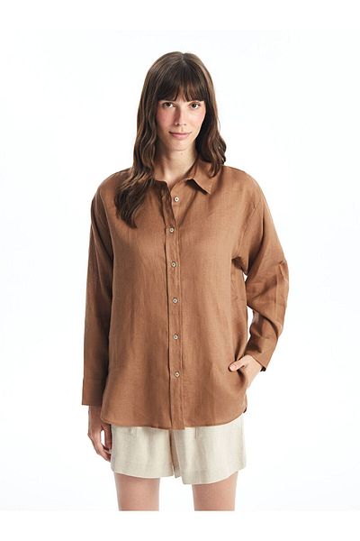 LC Waikiki Leinen Oversize Damen Hemd - Uni Langarm