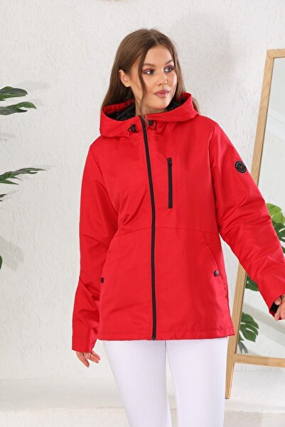 D1fference Women's Red Lined Waterproof Hooded Raincoat with Pockets - Windbreaker Dby-23