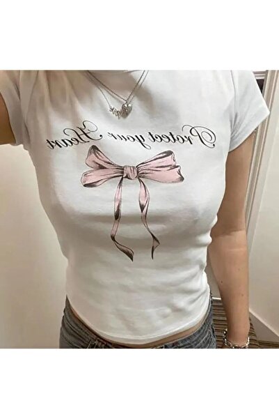 1blood Beyaz Protect Your Heart Kurdele Desenli Crop Body