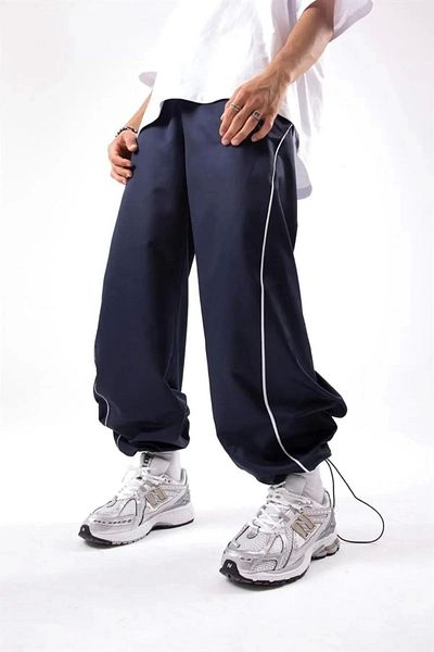 1blood Adjustable Leg Piping Detail Navy Blue Parachute Trousers