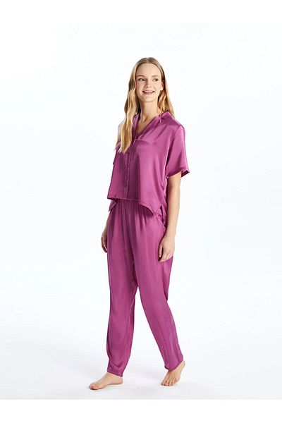 LC Waikiki LCW DREAM Set de pijamale pentru femei din satin cu mâneci scurte, cu guler de cămașă