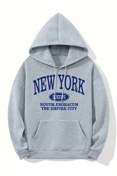 NOFLEN Унисекс сиво-син суитшърт с качулка и щампа New York Oversize