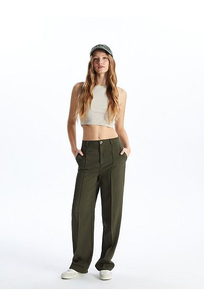 LC Waikiki LCW Vision Khaki Standard Fit Damenhose mit geradem Leinen-Look