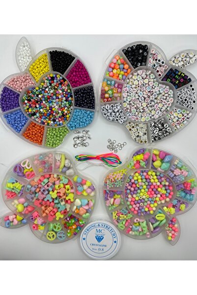 Egem aksesuar 4'lü Elma Desenli Kutu Kum Boncuk Harf Boncuk Ve Figür Boncuk Takı Yapım 4 Lü Set