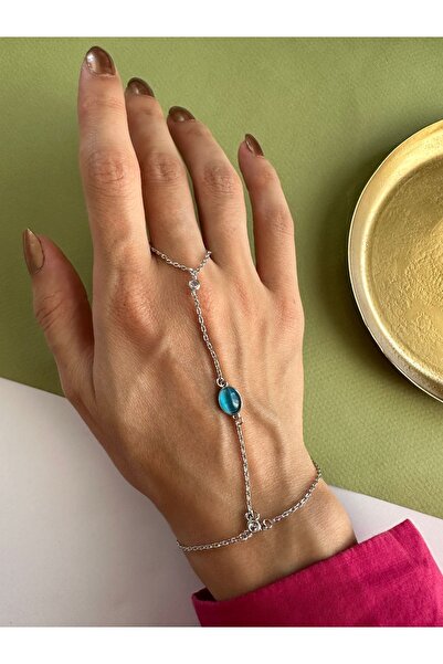 ringbox Gümüş Renkli Turkuaz Taşlı Zincir Şahmeran