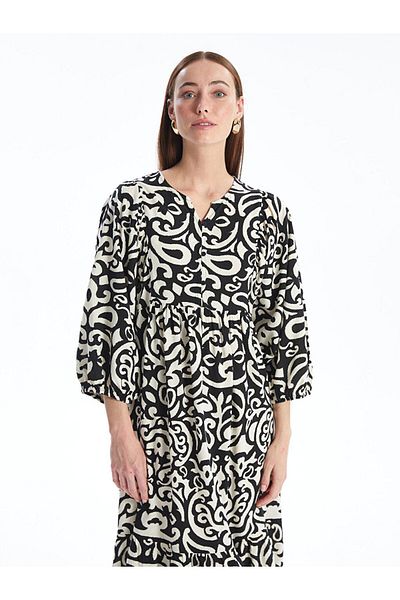 LC Waikiki LCW Fly Collar Patterned Balloon Sleeve Oversize Women's Dress