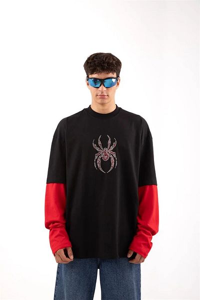 1blood Spider STONE EMBROIDERED BLACK RED LONG SLEEVE T-SHIRT STREET FASHION