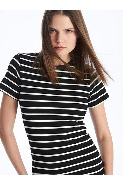 LC Waikiki Women's Bodycon Dress - Crew Neck, Striped, Short Sleeve