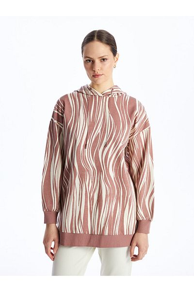 LC Waikiki LCW Modest Kapuzenmuster Langarm-Sweatshirt-Tunika für Damen