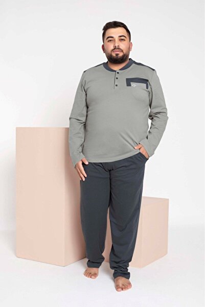 bie's Γκρι καπνιστό 3 κουμπιά - Εποχιακό μακρυμάνικο 100% βαμβακερό σετ πιτζάμες με τσέπη στο στήθος