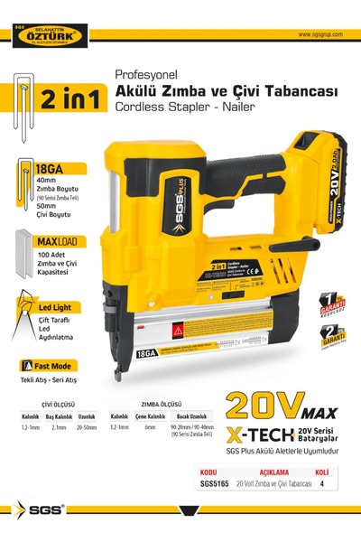 SGS PLUS Sgs5165 - 20 Volt 4 Amper Akülü Şarjlı Zımba Ve Çivi Çakma Tabanca M...