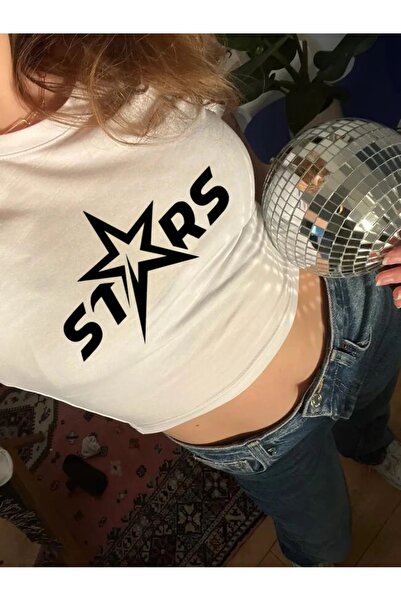 1blood Beyaz Kadın Siyah Stars Yıldız Desenli Kısa Kollu Crop Body