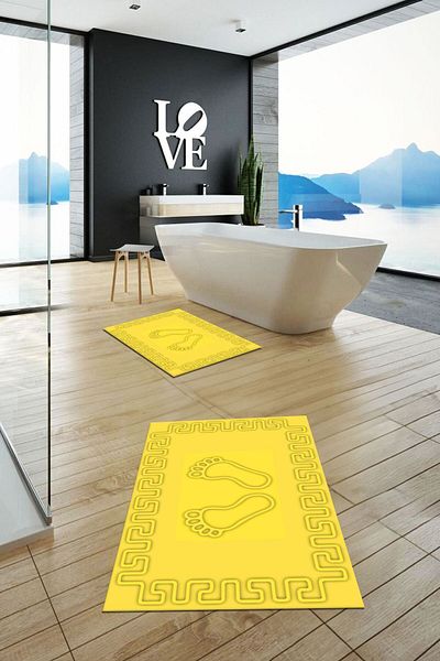 EY HOME Set de scaune de toaletă pentru covor de baie dublu, cu model de amprentă, lavabil digital, KLZT-18-YELLOW,