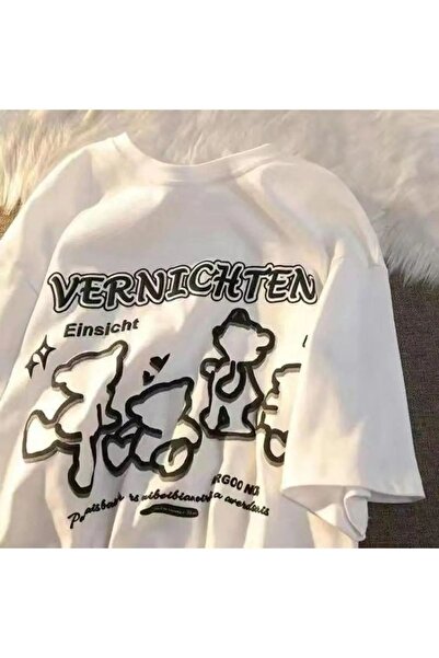 1blood Bela unisex majica prekomernog kroja - Retro Vernichten print