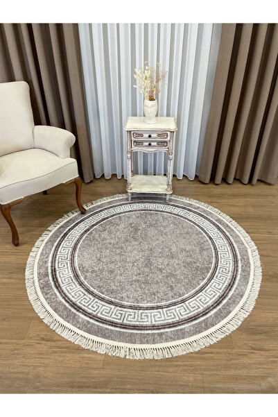 Brillant Kahve Vizon Daire Bordürlü Lateks Taban Saçaklı  Halı