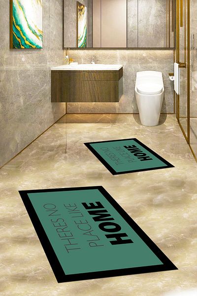 EY HOME Set de scaune de toaletă cu covor de baie dublu, lavabil, imprimat, cu scris acasă, KLOZET-13-GREEN,