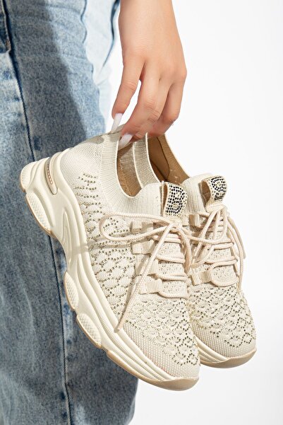 brawerlife Chicshine Kadın Bej Krem Taşlı Triko Spor Ayakkabı Sneaker