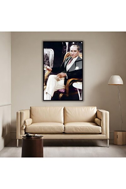 GAAGART Metal Çerçeveli Temperli Cam Tablo Atatürk Kahve İçerken