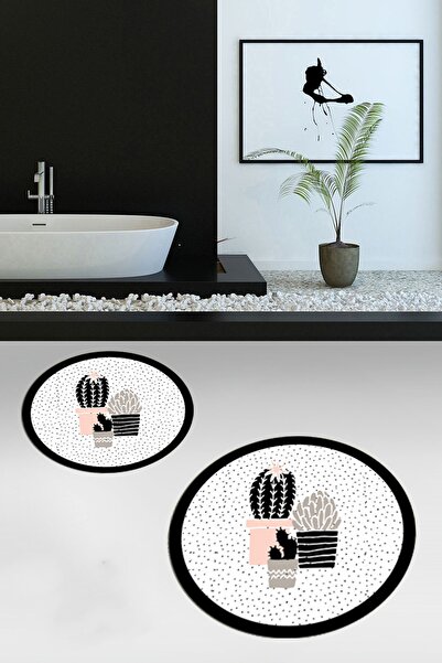 EY HOME Ψηφιακό πλενόμενο αντιολισθητικό σετ τουαλέτας με μοτίβο λουλουδιών κάκτου διπλό στρογγυλό χαλάκι μπάνιου