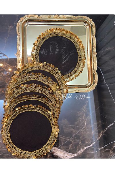 ELİTHOMEDEKOR Cocktail Napkin Round Sequin Gold Color 2 Pieces