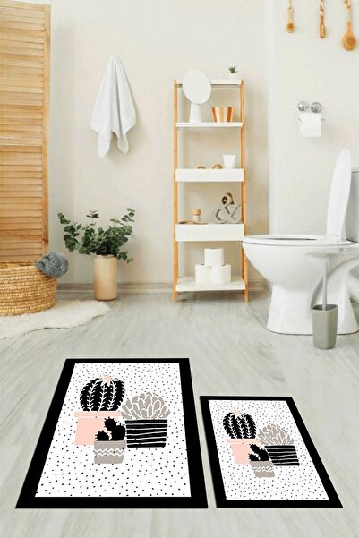 EY HOME Ψηφιακό σετ τουαλέτας με δύο χαλιά μπάνιου με αντιολισθητικό σχέδιο λουλουδιών κάκτου που πλένεται με τύπωμα φορές